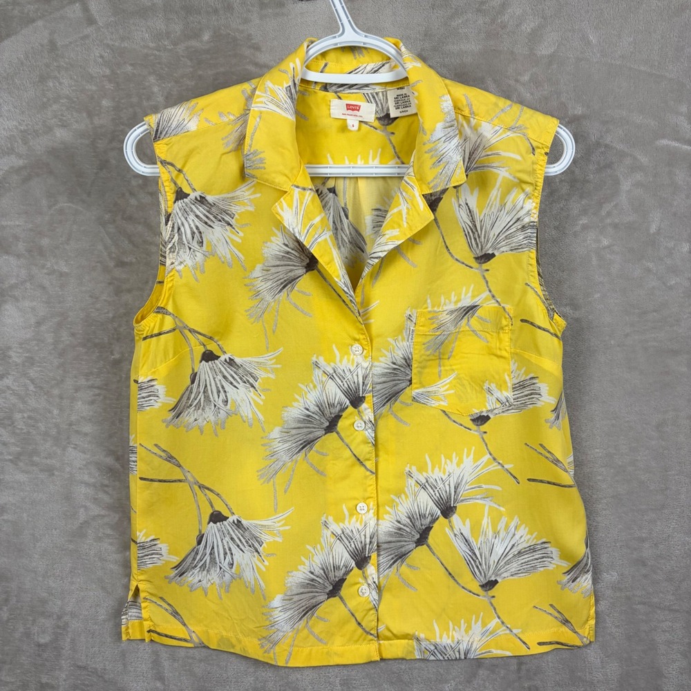 Levis Betty Womens Yellow Floral Lyocell Sleeveless Button Down Shirt S Vacation